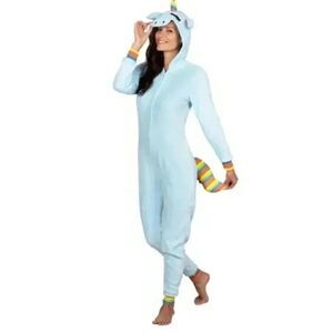 Prestigez Women's Unicorn Baby Blue & Rainbow Polyester Zip Front One Piece EUC